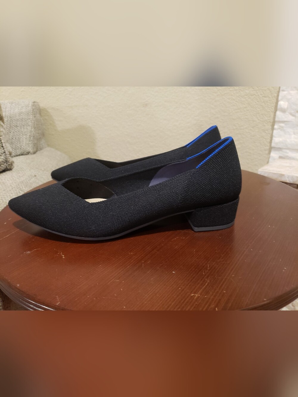Rothy's Black High Point Block Heel Knit Shoes with Blue Heel Trim - Picture 3 of 7